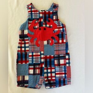 Mud Pie Boys Red, White, and Blue Jon Jon One Piece With Crab Appliqué Sz. 3T